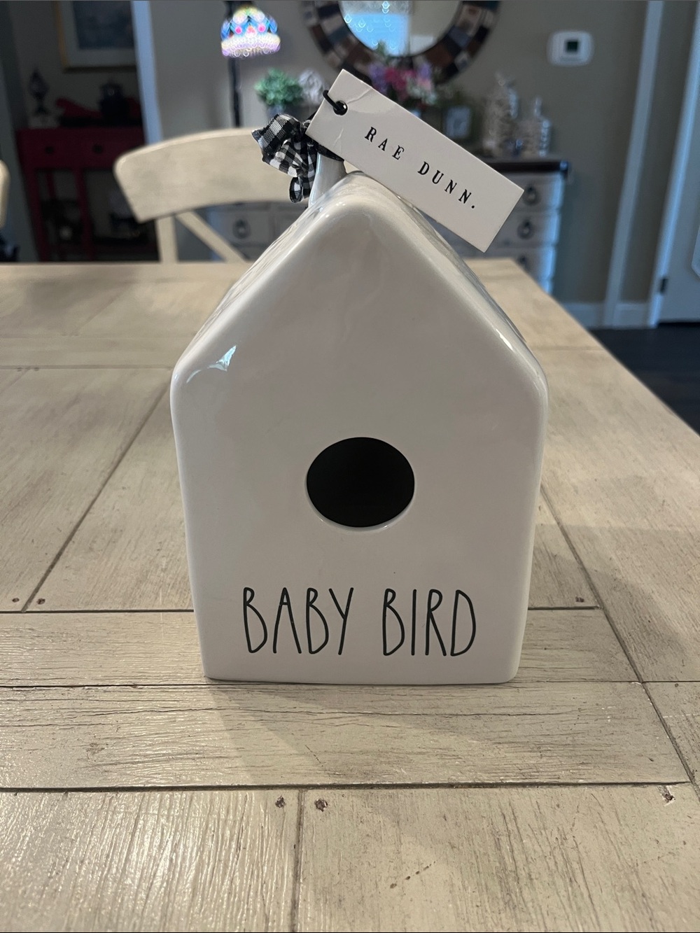 Rae Dunn White Ceramic 'Baby Bird' Birdhouse with Ribbon Tag